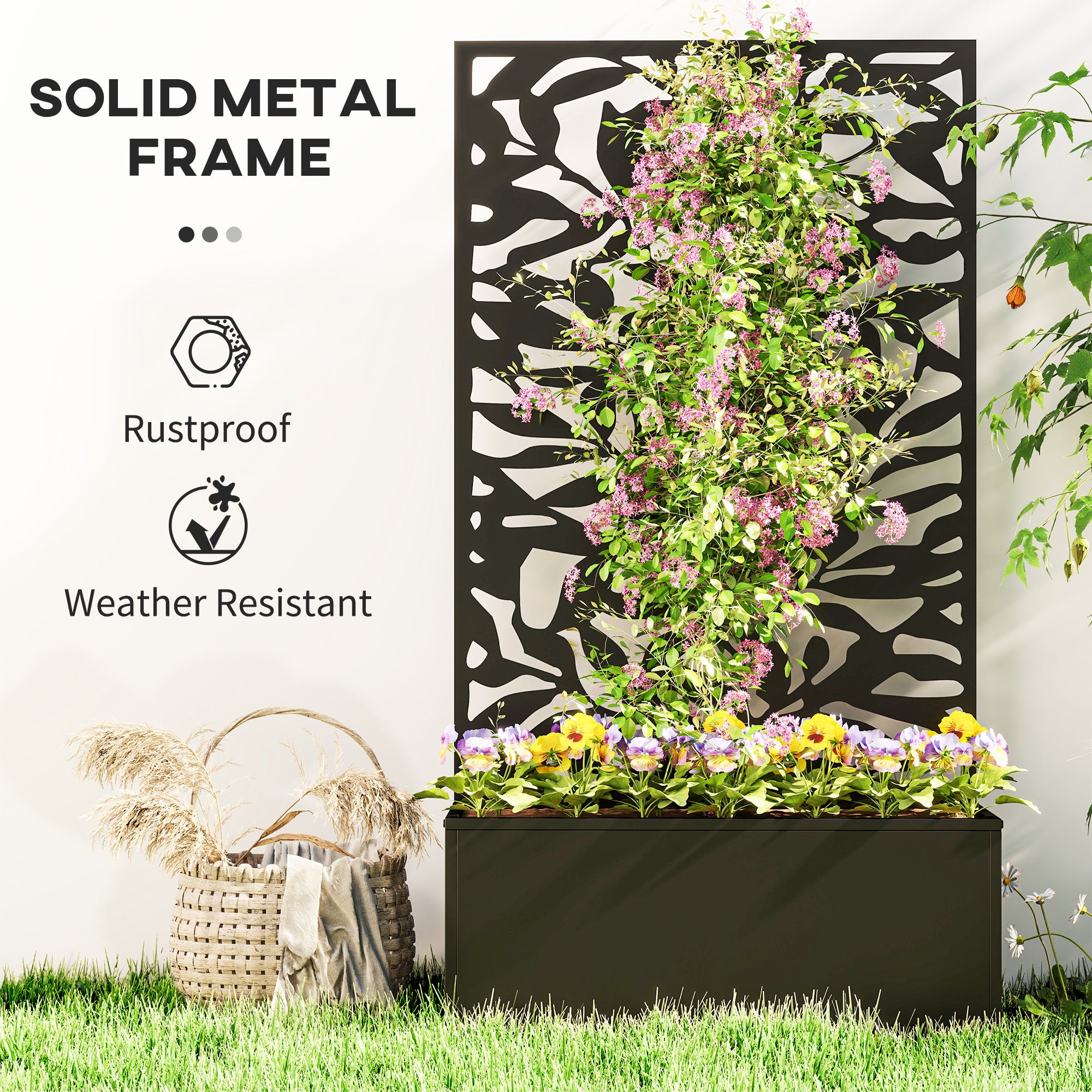 Outsunny Metal Garden Bed with Trellis, Wall Mounted or Freestanding Raised Planter with Privacy Panel, Black 