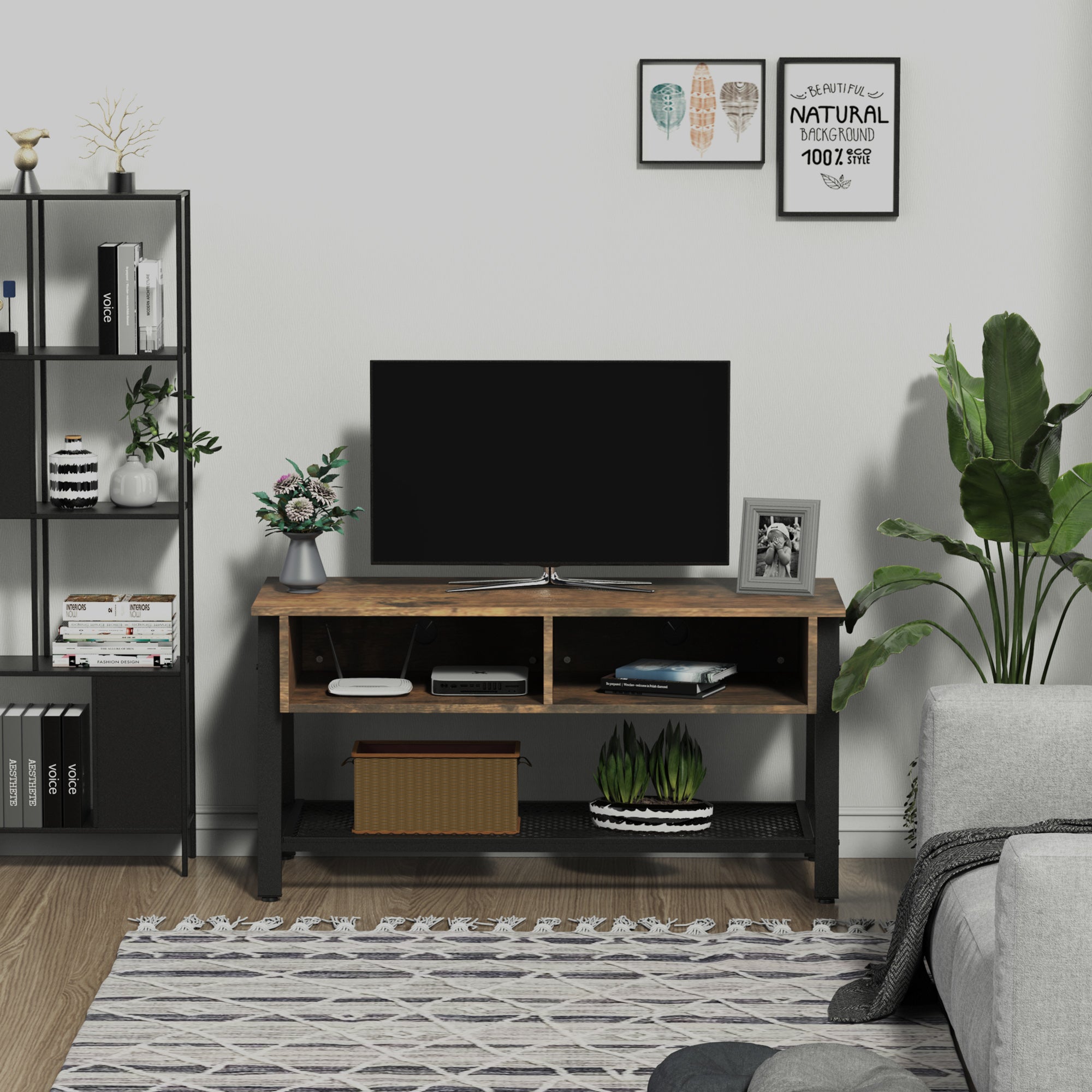 HOMCOM TV Stand Cabinet, Industrial TV Unit for TVs up to 45", 100cm TV Cabinet with 2 Open Compartments and Mesh Bottom Shelf for Living Room, Rustic Brown 