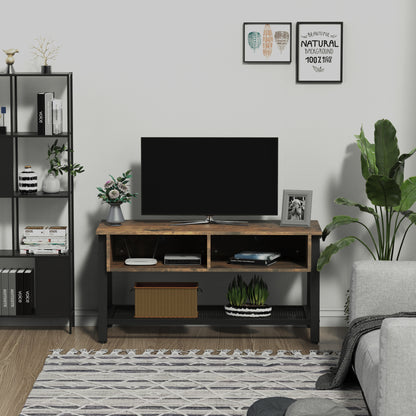HOMCOM TV Stand Cabinet, Industrial TV Unit for TVs up to 45", 100cm TV Cabinet with 2 Open Compartments and Mesh Bottom Shelf for Living Room, Rustic Brown 