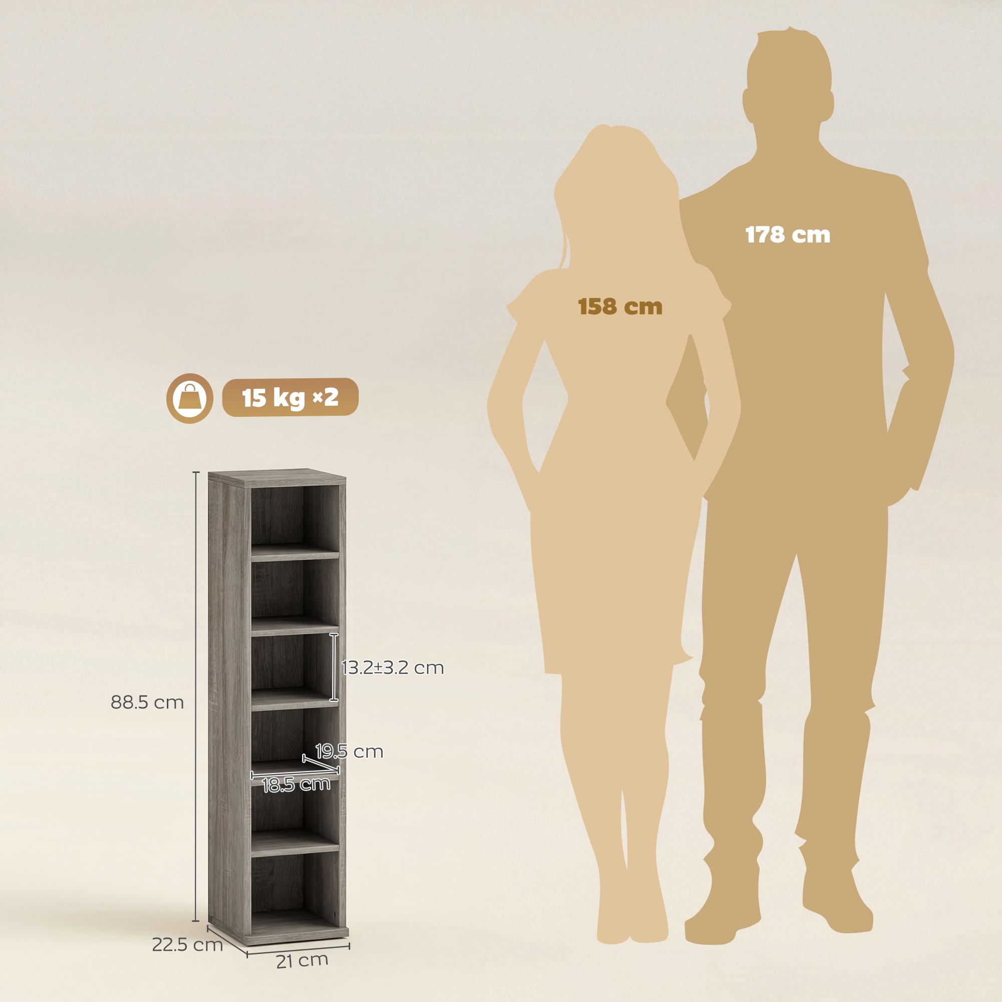 HOMCOM Set of 2 CD Media Display Shelf Unit Tower Rack with Adjustable Shelves, Distressed Grey 