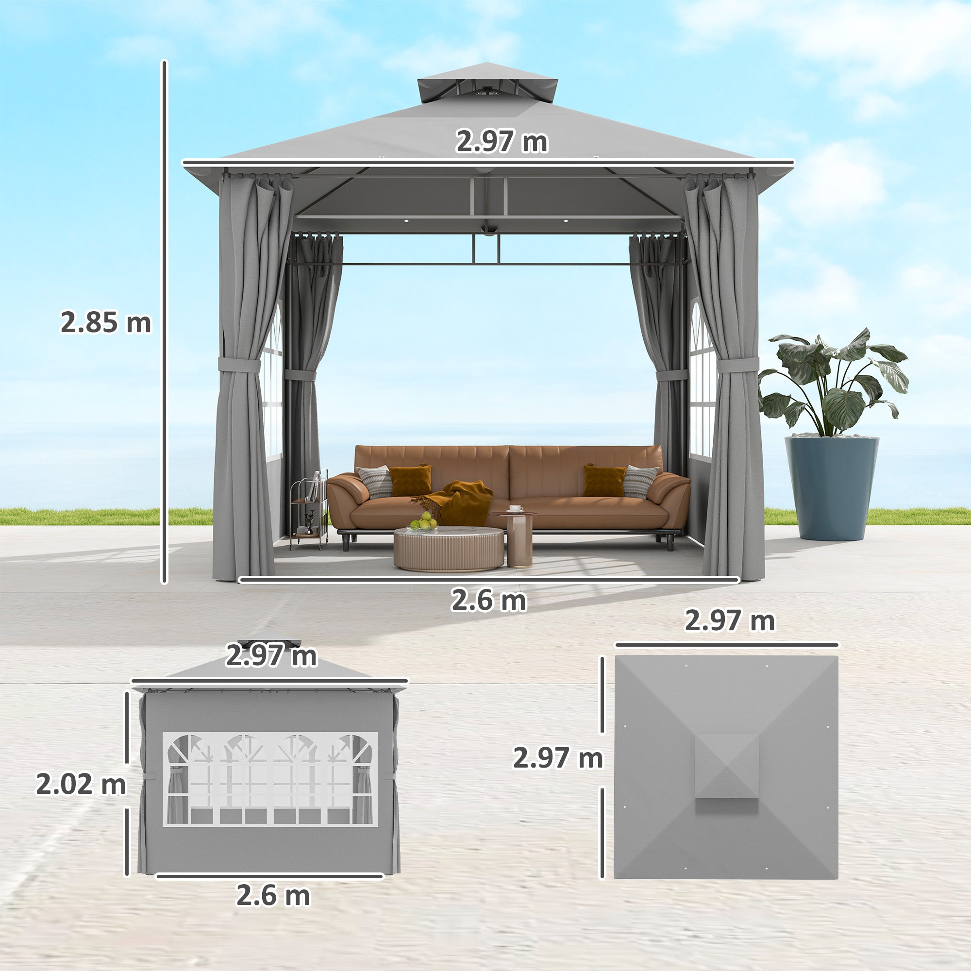 Outsunny 3 x 3 m Garden Gazebo, Double Roof Metal Gazebo with Removable Sidewalls and Church Windows, Outdoor Canopy Shelter, Light Grey 