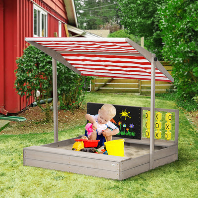Outsunny Kids Wooden Sandpit, sandbox with canopy & Seats, for Gardens - Grey 