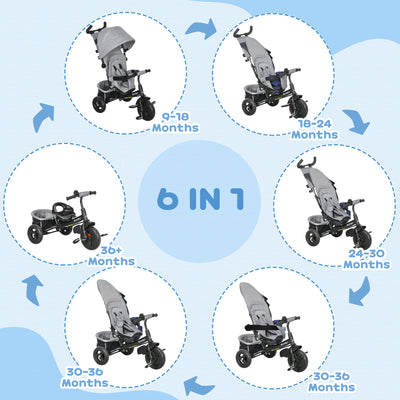HOMCOM 6 in 1 Kids Trike with Parent Handle, Canopy, 5-point Safety Belt, Storage, Footrest, Brake, for 1-5 Years, Grey 