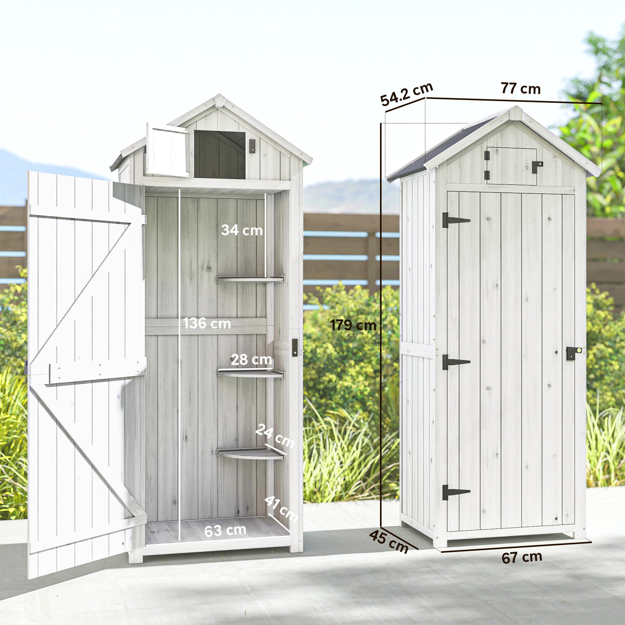 Outsunny Small Shed, Tall Slim Wooden Garden Shed with 3 Removable Shelves and Roof Hatch, Compact Outdoor Tool Storage Cabinet with Asphalt Roof and Door Latch, 77 x 54.2 x 179 cm, Light Grey 
