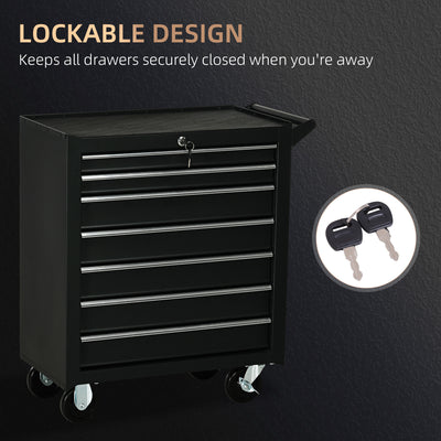 DURHAND 7-Drawer Rolling Tool Chest on Wheels, Lockable Tool Cabinet with Side Handle, Metal Tool Box Trolley for Garage, Workshop, Matte Black 