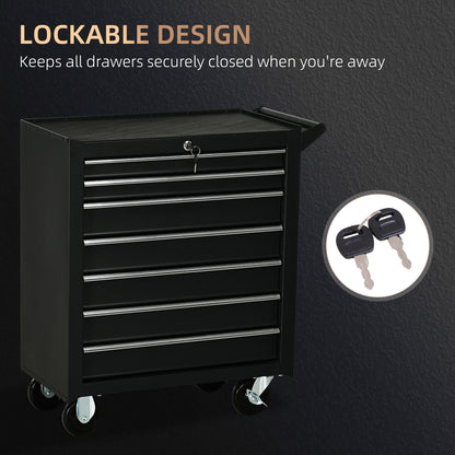 DURHAND 7-Drawer Rolling Tool Chest on Wheels, Lockable Tool Cabinet with Side Handle, Metal Tool Box Trolley for Garage, Workshop, Matte Black