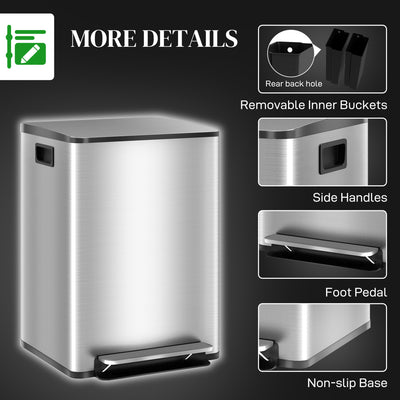 HOMCOM 40L Dual Compartment Stainless Steel Bin, with Deodoriser Holders - Silver Tone 