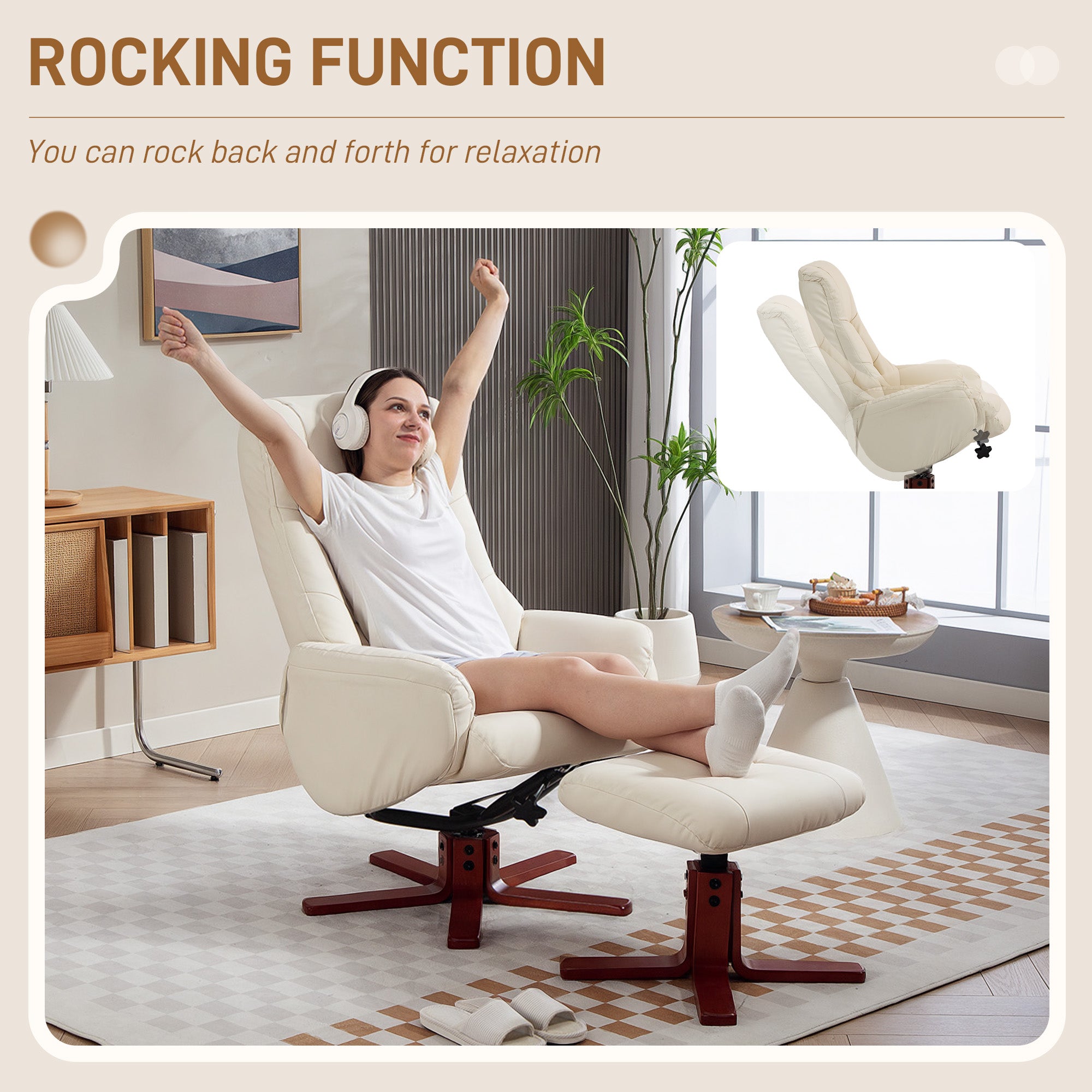 HOMCOM Rocking Recliner Chair with Footstool, PU Leather Recliner Armchair with Wood Base, Upholstered Reclining Chair for Living Room Bedroom, Cream