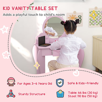 ZONEKIZ Wooden Kids Bedroom Furniture Set with Kids Dressing Table, Stool, Bed, for 3-6 Years, Cat-Design 