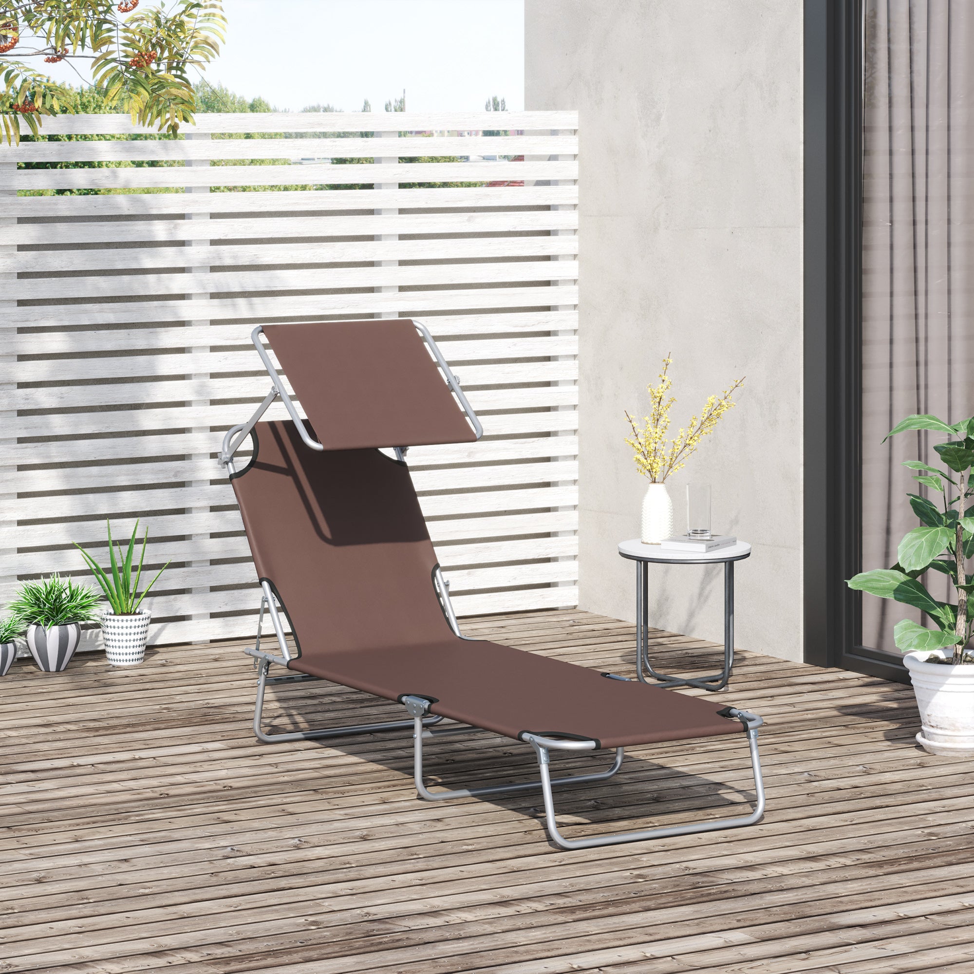 Outsunny Outdoor Foldable Sun Lounger, 4 Level Adjustable Backrest  Reclining Sun Lounger Chair with Angle Adjust Sun Shade Awning for Beach, Garden, Patio, Brown 