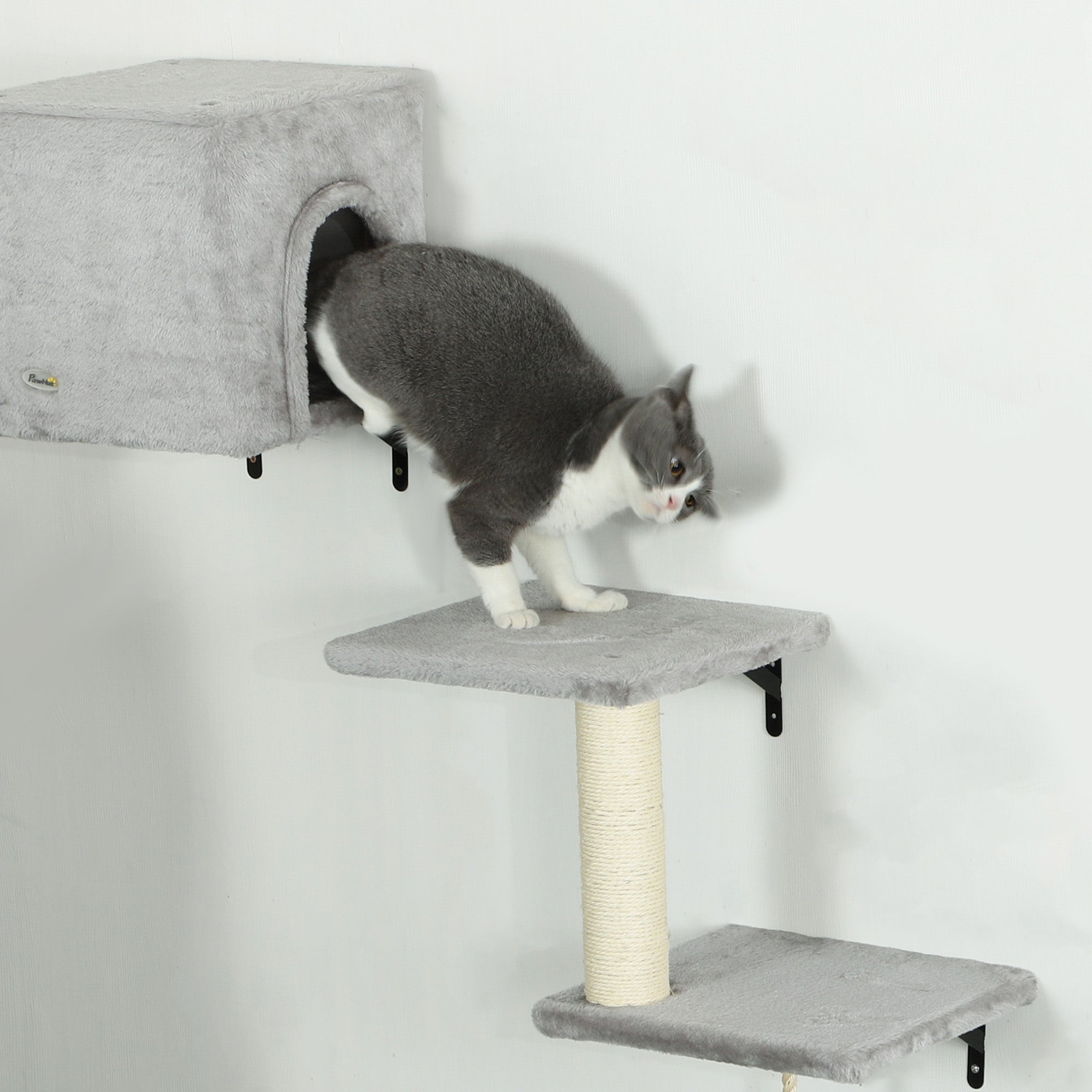 PawHut 6-Piece Cat Wall Shelves Set with Condo, Cat Wall Furniture with Platforms, Sisal Scratching Post, Bed, Toy Ball, Grey