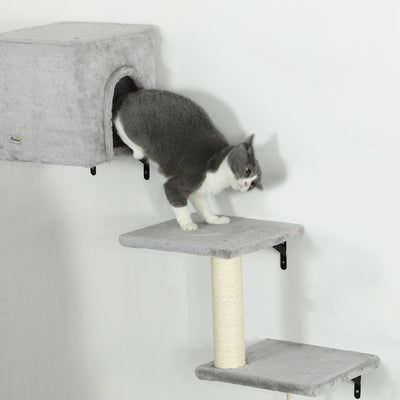 PawHut 6-Piece Cat Wall Shelves Set with Condo, Cat Wall Furniture with Platforms, Sisal Scratching Post, Bed, Toy Ball, Grey 