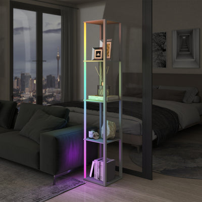 HOMCOM RGB LED Floor Lamp with Shelves, Modern Dimmable Standing Lamp with Remote Control, Adjustable Brightness & Speed for Living Room, Bedroom, Office, Grey 