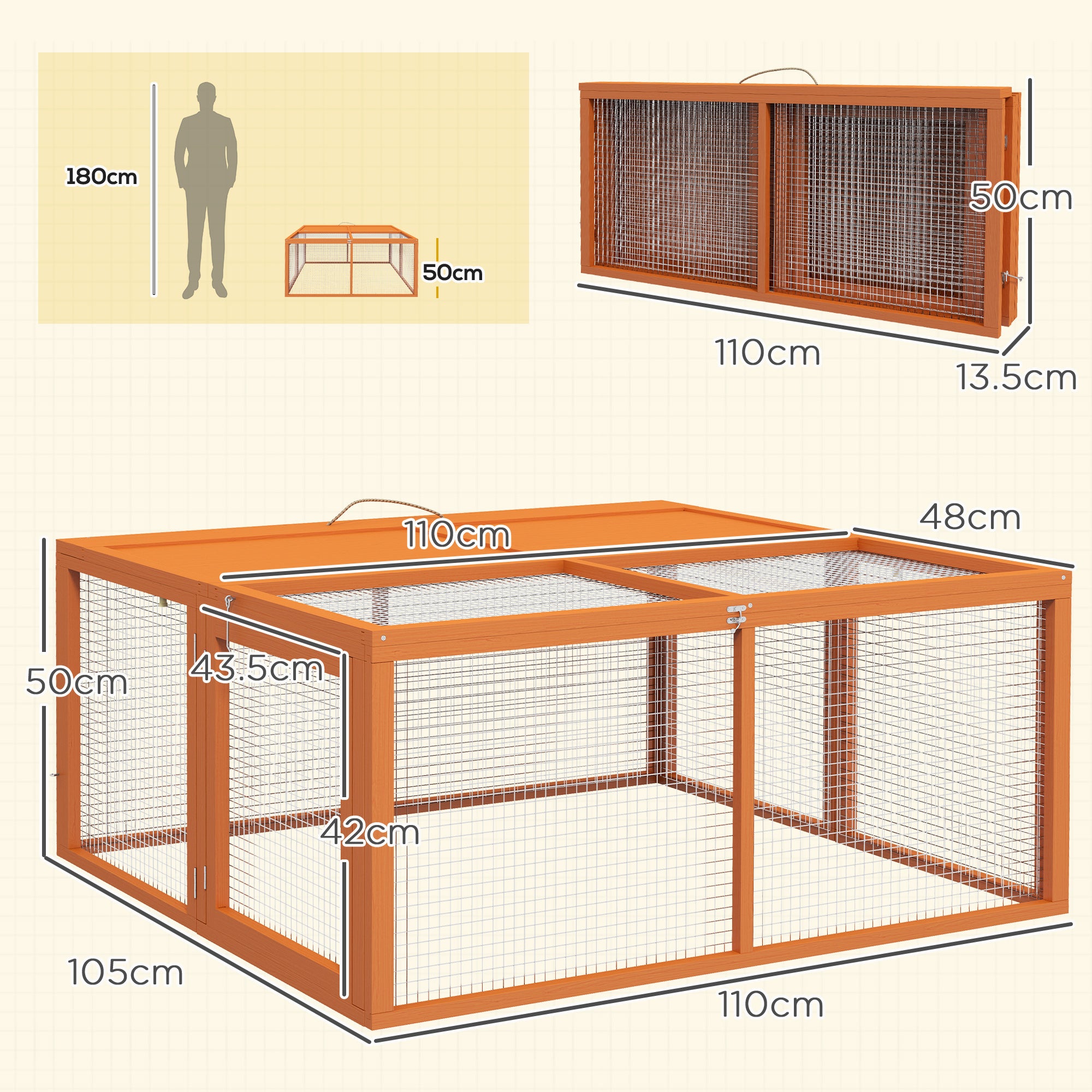 PawHut Wooden Folding Rabbit Hutch, for 2-3 Rabbits - Orange 