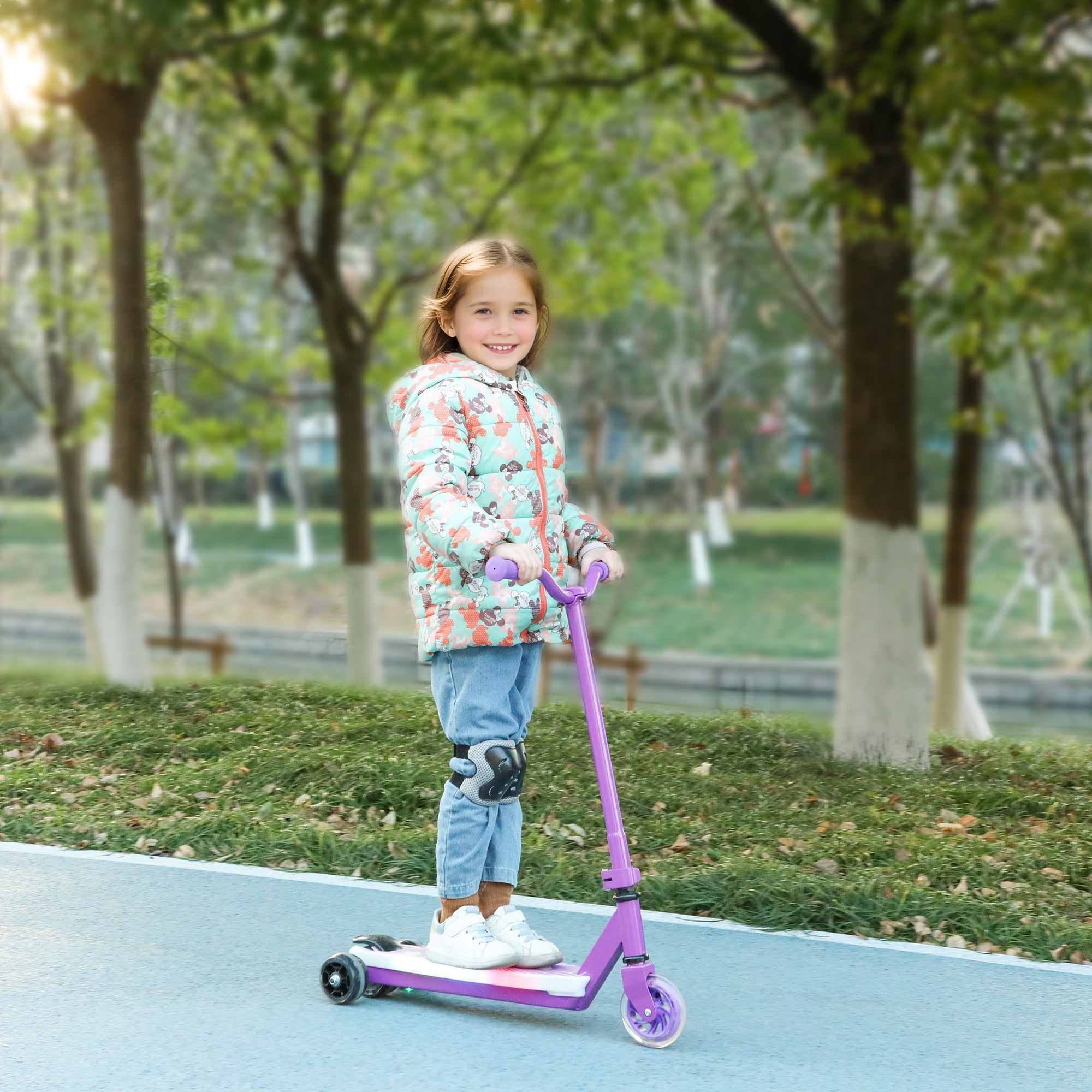 AIYAPLAY Electric Scooter for Kids Ages 4-7, with Auxiliary Rear Wheels, Flashing LED Light and Electric Brake, Kids Electric Scooter for Boys Girls, 6 KM/H & 8 KM, Purple 
