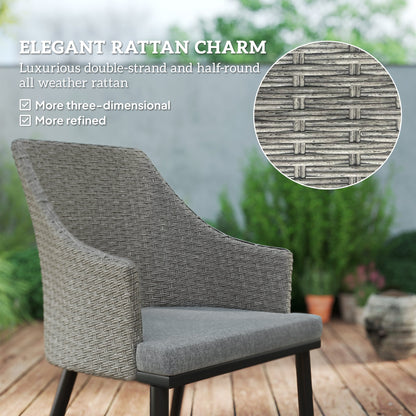 Outsunny 6 Seater Rattan Dining Set with Cushions, Garden Furniture Set with Armchairs, Rectangle Slatted Table Top, Steel Frame, Parasol Hole, Wicker Outdoor Furniture for Patio, Balcony, Grey 