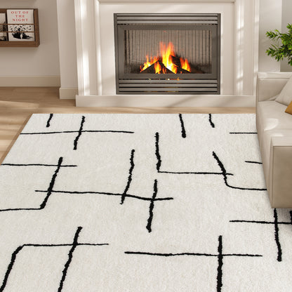 HOMCOM Modern Fluffy Area Rug, Geometric Pattern Washable Rug, Soft High Pile Floor Carpet for Living Room, Bedroom, Dining Room, Home Office, 170 x 120 cm, Cream