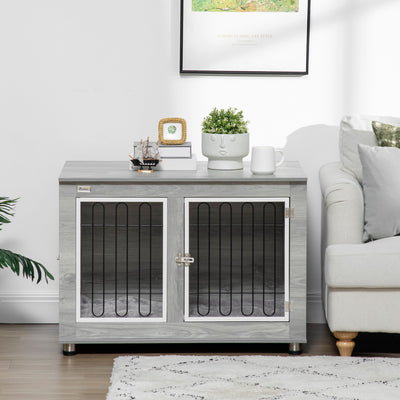 PawHut Dog Crate Furniture, Side End Table, Indoor Dog Kennel with Soft Washable Cushion, Wire Mesh, Large Top, for Medium and Large Dogs,90 x 58 x 65, Grey 