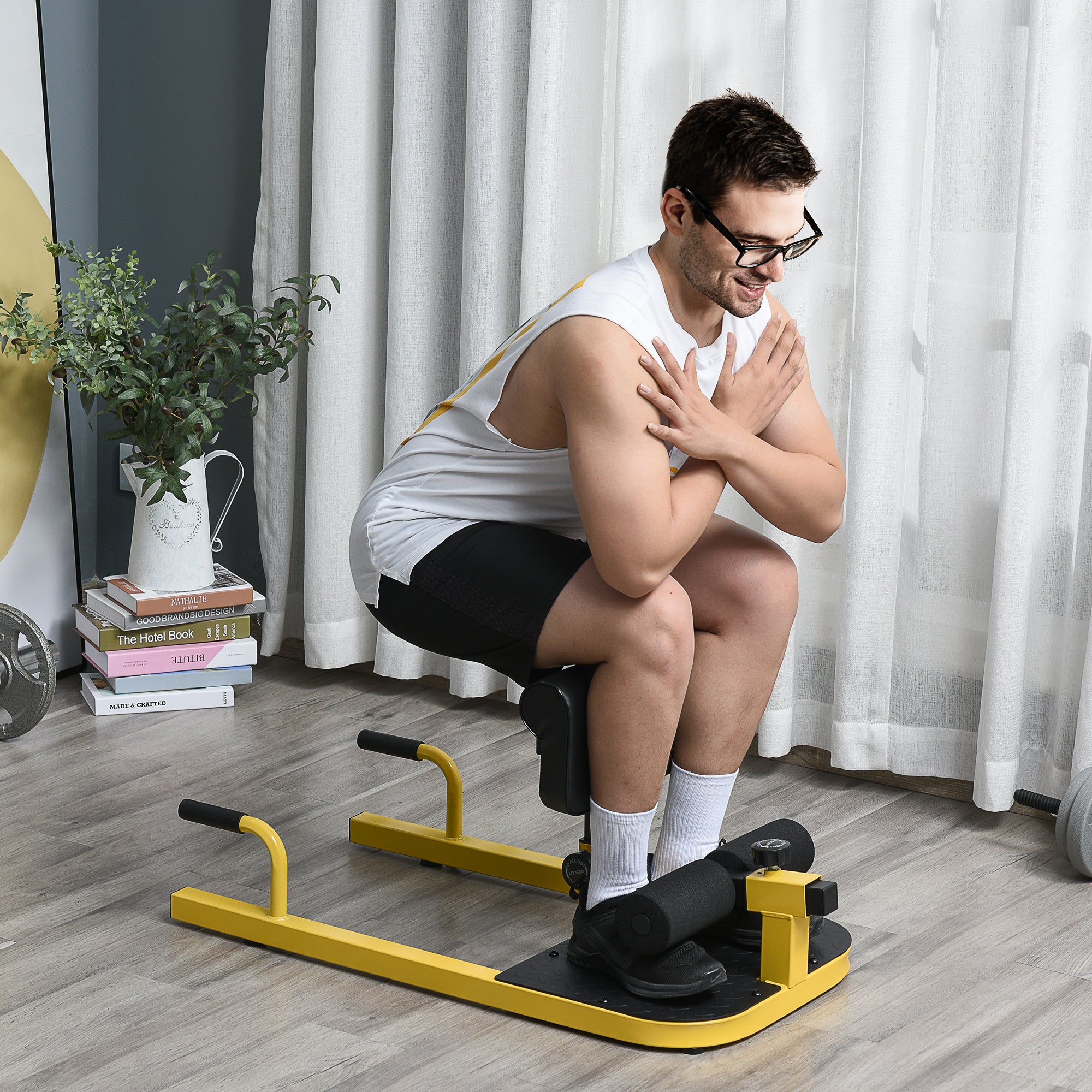 HOMCOM Squat Machine with Push Up Stand, Padded Hip Thrust Bench with Adjustable Cushion for Home Gym Work Out, Yellow 