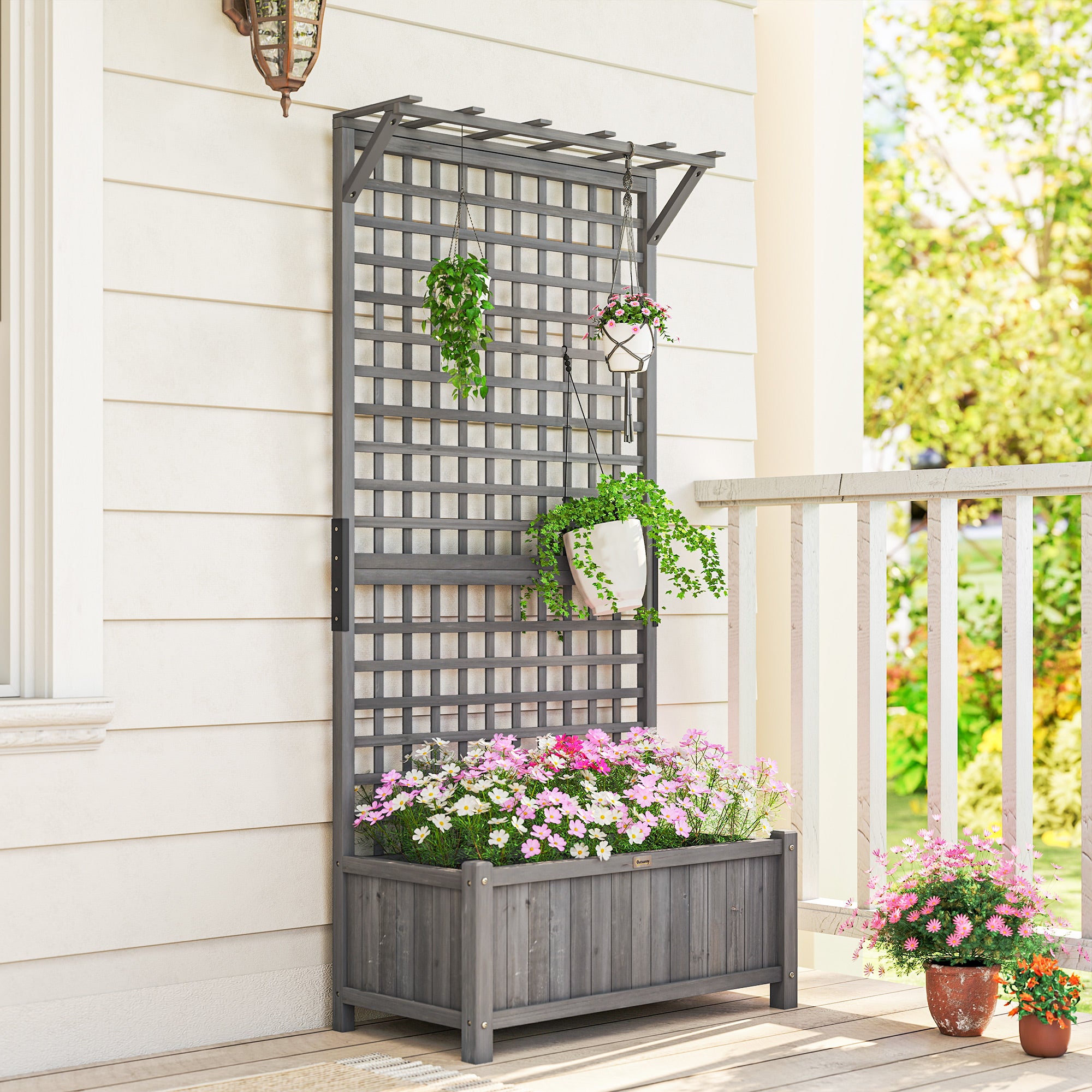 Outsunny Raised Bed with Drainage Holes, Wood Planter with Trellis for Climbing Plants, Dark Grey 