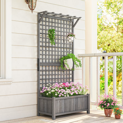 Outsunny Raised Bed with Drainage Holes, Wood Planter with Trellis for Climbing Plants, Dark Grey 