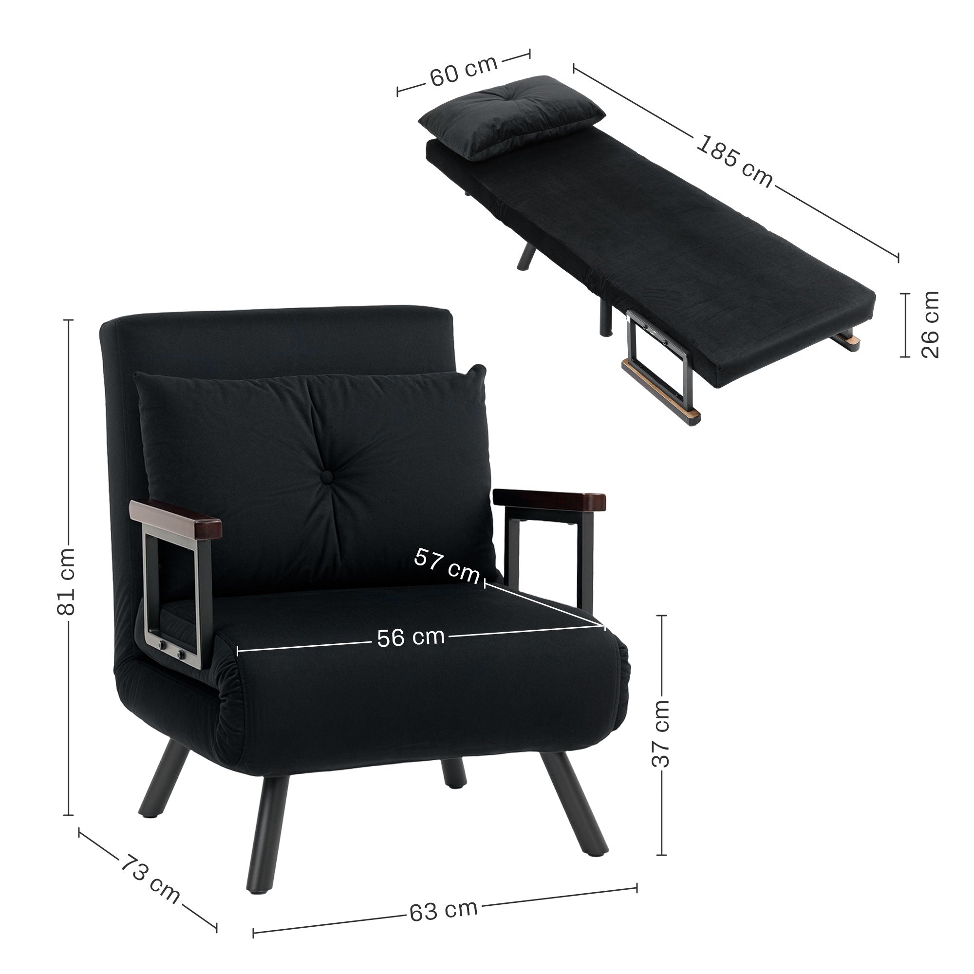 HOMCOM 4-in-1 Velvet-Feel Single Chair Bed, with Pillow - Black 