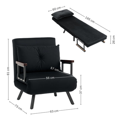 HOMCOM 4-in-1 Velvet-Feel Single Chair Bed, with Pillow - Black 