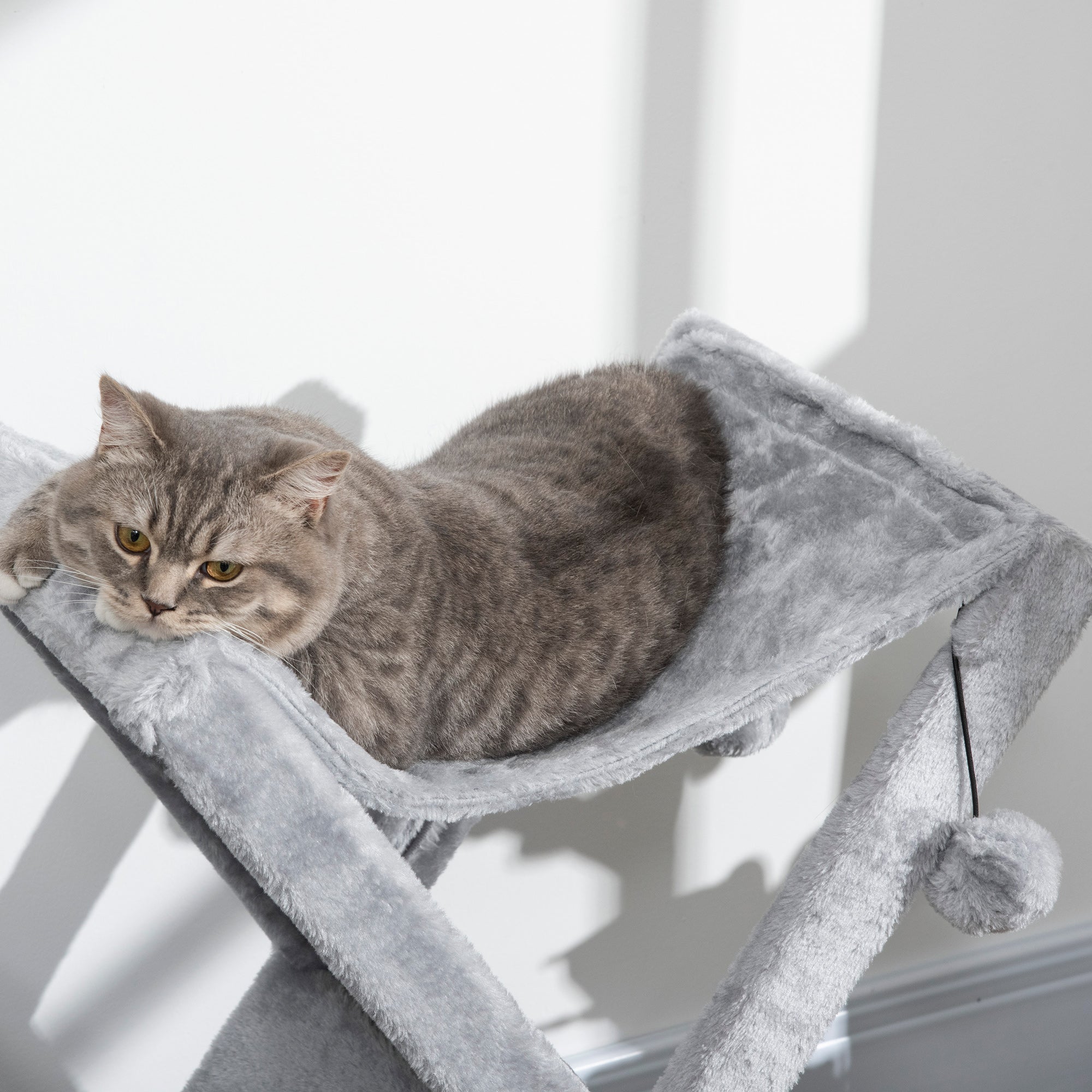 PawHut Two Tier Cat Tree for Indoor Cats Play Rest Activity Tower Plush Folding Relax Center w/ Scratching Post Hammock Pom Poms Grey 