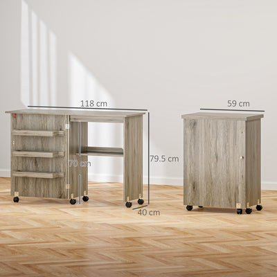 HOMCOM Folding Sewing Table, Drop Leaf Craft Table with Storage Bins, Open Shelf and Wheels, Rolling Sewing Machine Cabinet Computer Desk for Small Space, Grey 