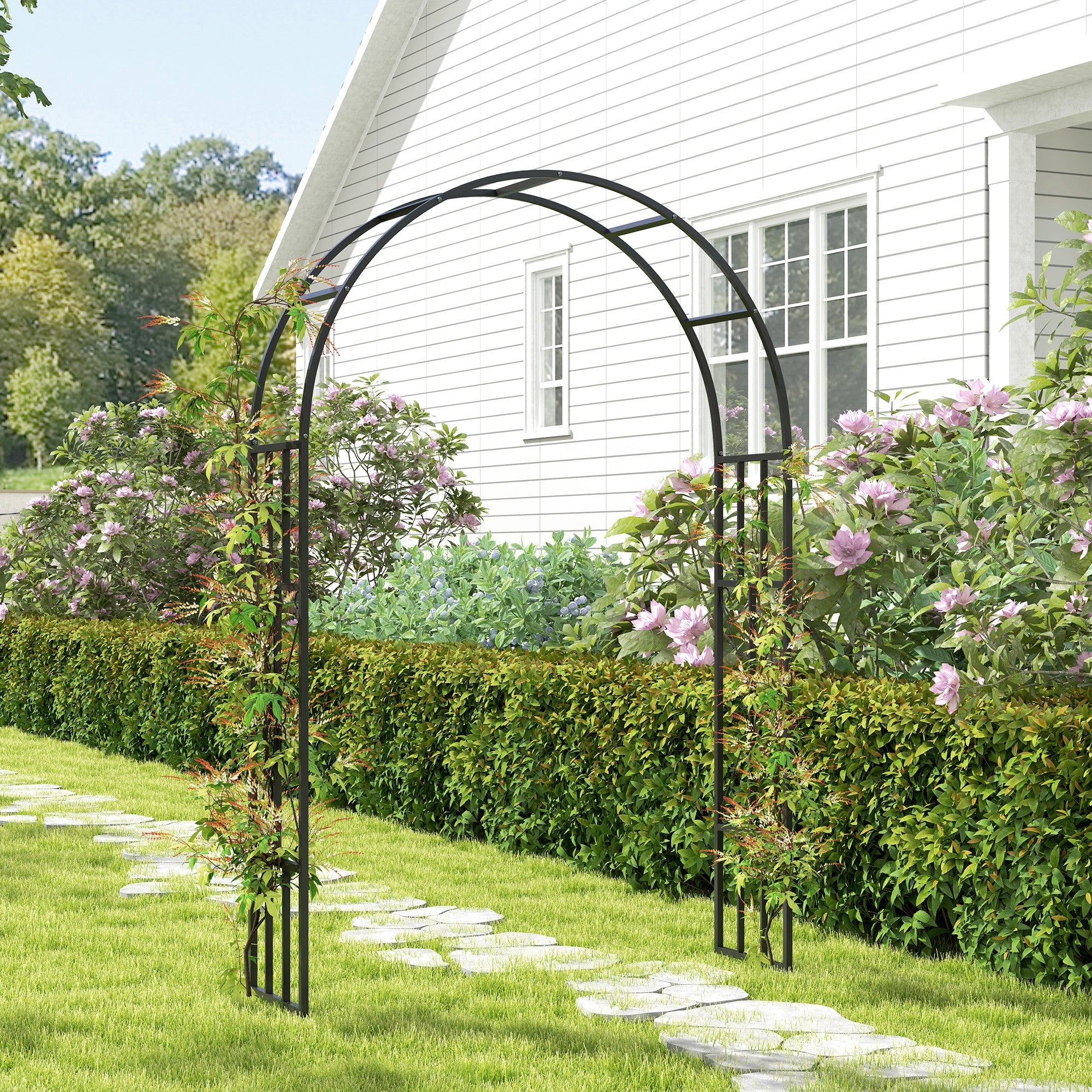 Outsunny Steel Garden Arch, 2.2m High x 1.5m Wide Metal Garden Trellis for Climbing Plants Roses Wisteria Vines, Outdoor Wedding Arch for Bridal Party Ceremony Decoration, Black 
