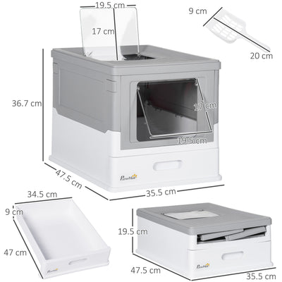 PawHut Hooded Cat Litter Box, Portable Pet Toilet, with Scoop, Front Entry - Grey 