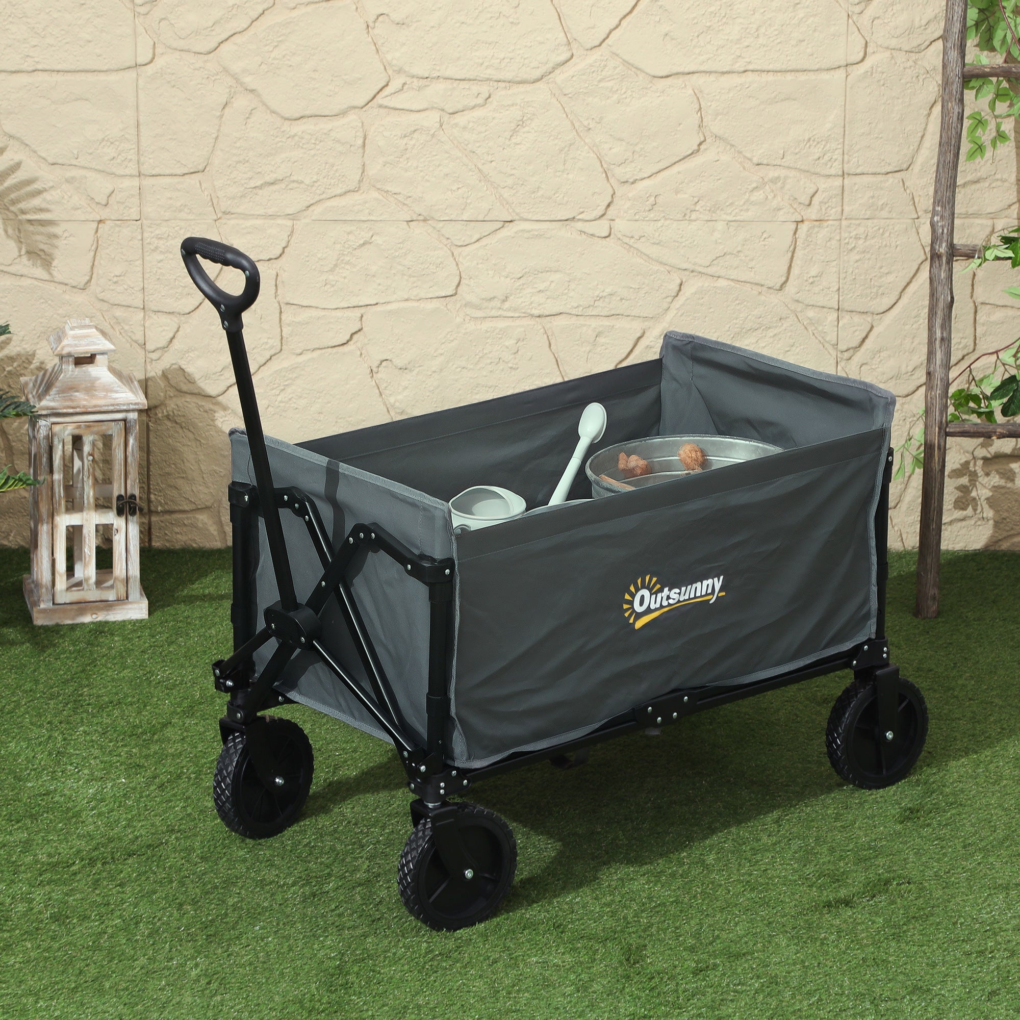 Outsunny 120L Folding Garden Trolley Cart, Outdoor Collapsible Wagon with Wheels and Adjustable Handle for Beach, Camping, Festival, Grey