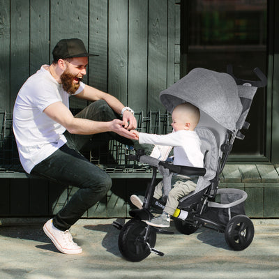 HOMCOM 6 in 1 Kids Trike with Parent Handle, Canopy, 5-point Safety Belt, Storage, Footrest, Brake, for 1-5 Years, Grey 