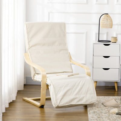 HOMCOM Wooden Lounging Chair Deck Relaxing Recliner Lounge Seat with Adjustable Footrest & Removable Cushion, Cream White 