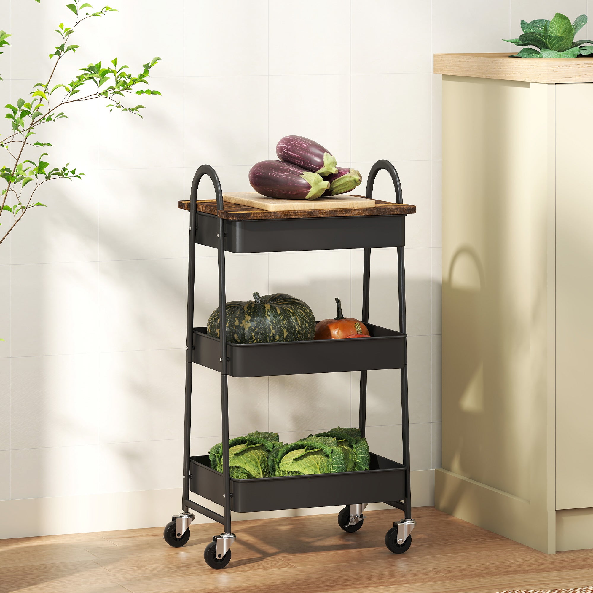 HOMCOM 3-Tier Kitchen Storage Trolley with on Wheels Cover Top Board - Rustic Brown and Black