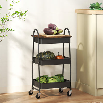 HOMCOM 3-Tier Kitchen Storage Trolley with on Wheels Cover Top Board - Rustic Brown and Black 
