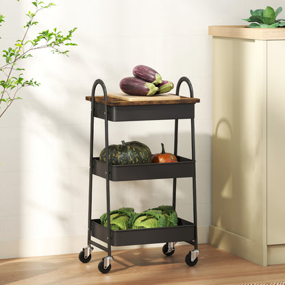 HOMCOM 3-Tier Kitchen Storage Trolley with on Wheels Cover Top Board - Rustic Brown and Black