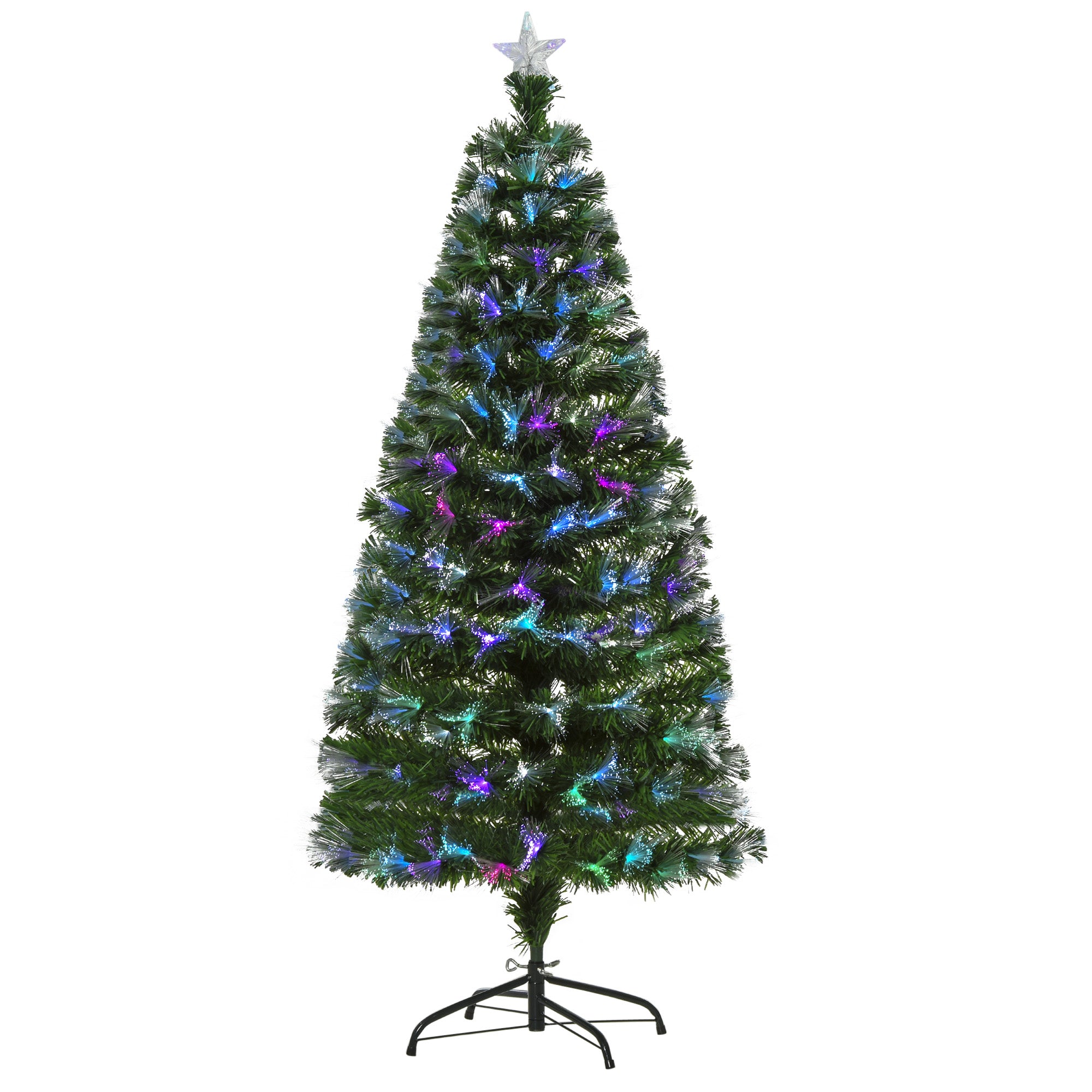 HOMCOM 5FT Multicoloured Artificial Christmas Tree w/ Fibre Optic Lights Pre-Lit Modes Metal Stand Star Holder Home Seasonal Decoration 
