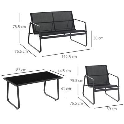 Outsunny 4 Piece Garden Furniture Set Outdoor Patio Sofa Set with Double Chair, Single Chairs and Glass Top Table for Terrace and Balcony, Black 