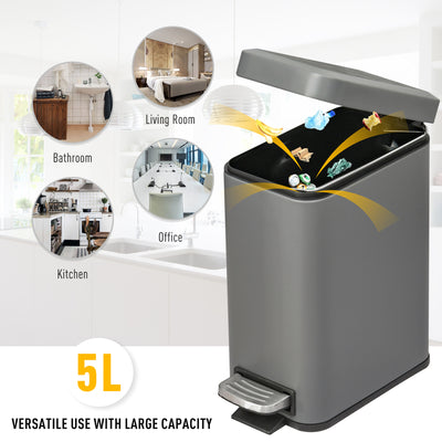 HOMCOM 5L Rectangular Compact Bin Steel Body Removable Bucket Quiet-Close Lid w/ Pedal Lid Rubbish Trash Can Home Office Bedroom Bathroom Living Room Garbage Tidy Clean Grey 