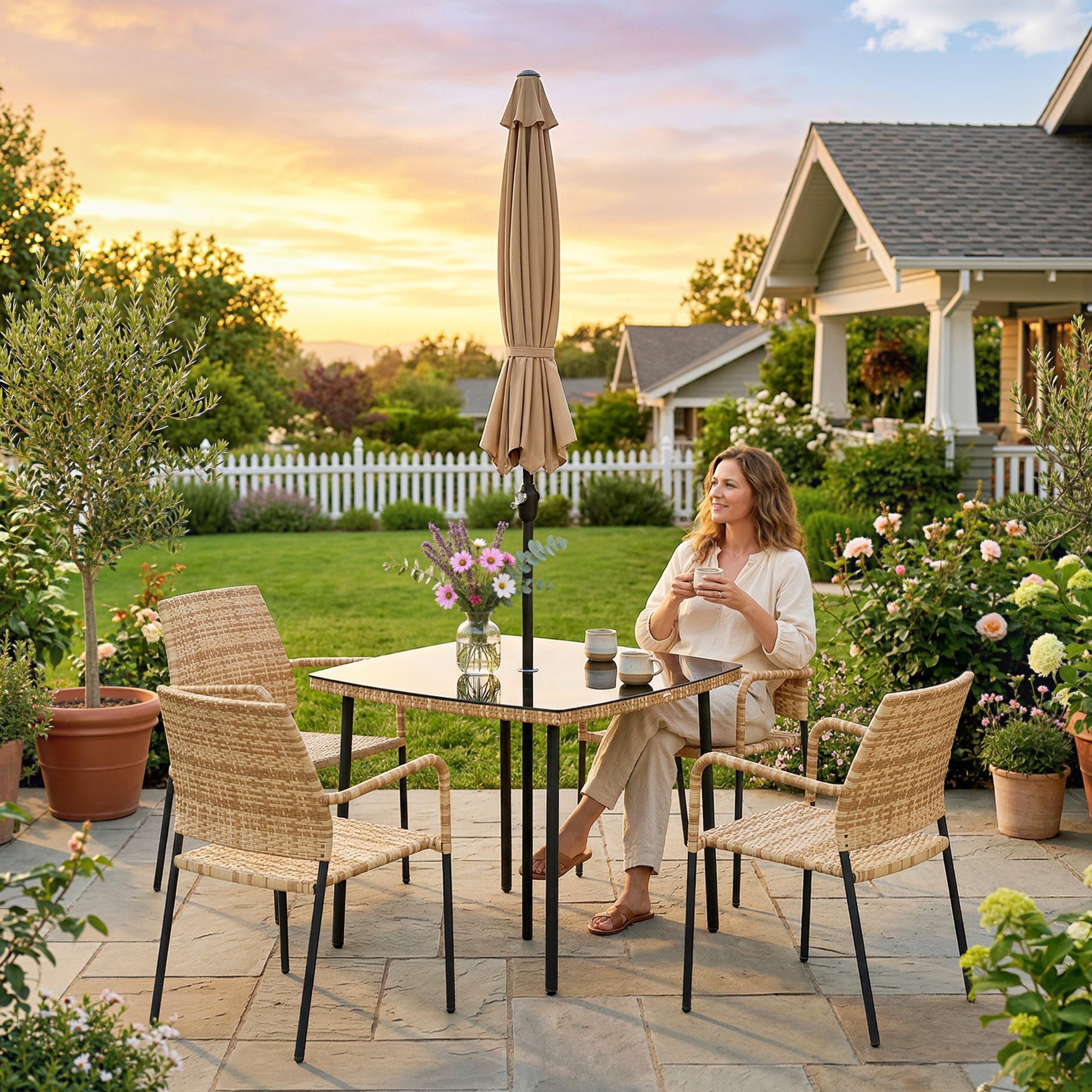 Outsunny 4 Seater Rattan Dining Set with Parasol, 6 Piece Garden Table and Stackable Chairs with Tempered Glass Tabletop 