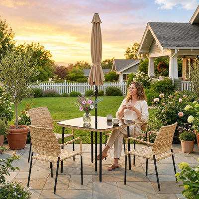 Outsunny 4 Seater Rattan Dining Set with Parasol, 6 Piece Garden Table and Stackable Chairs with Tempered Glass Tabletop 