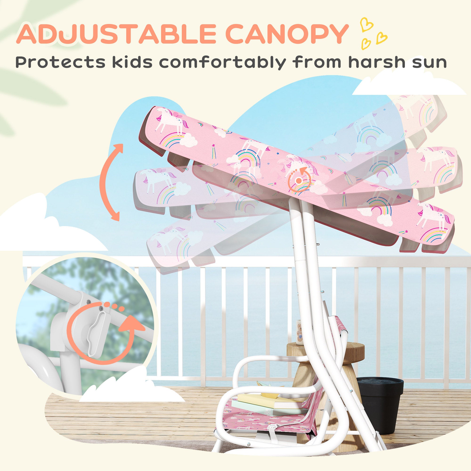 AIYAPLAY Kids Porch Swing, 2-Seater Patio Swing Bench Hammock with Seat Belts, Adjustable Canopy for Garden, Pink 