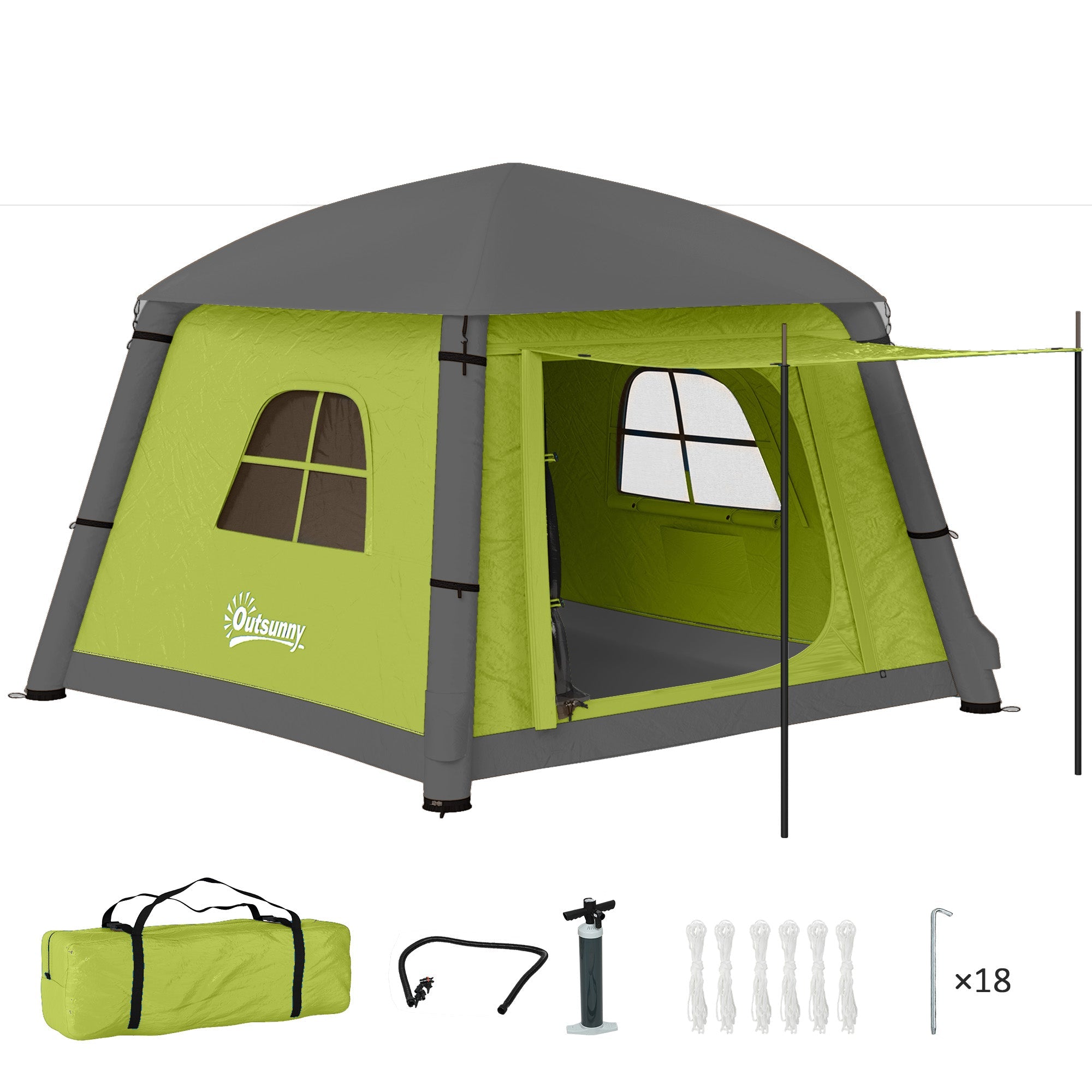 Outsunny Inflatable Camping Tent w/ Hand Pump, Easy Setup 1/2 Person Blow Up Tent Waterproof 190T Taffeta w/ Mesh Windows, Doors and Carry Bag, Green 