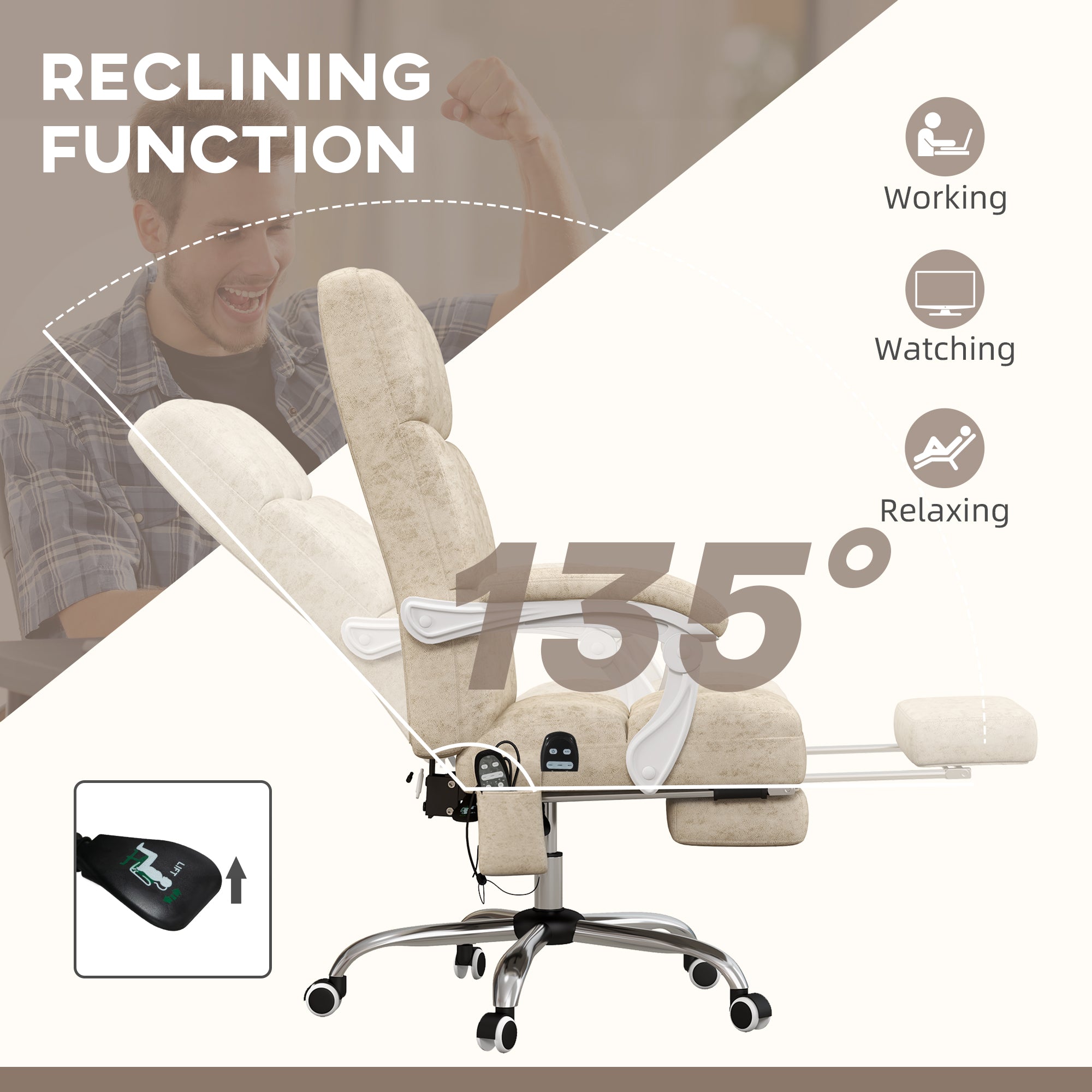 Vinsetto Massage Office Chair, Ergonomic Desk Chair, Comfy Work Study Chair with Heat, Padded Seat, 135\'c2\'b0 Reclining Back and Footrest for Home Office, Beige