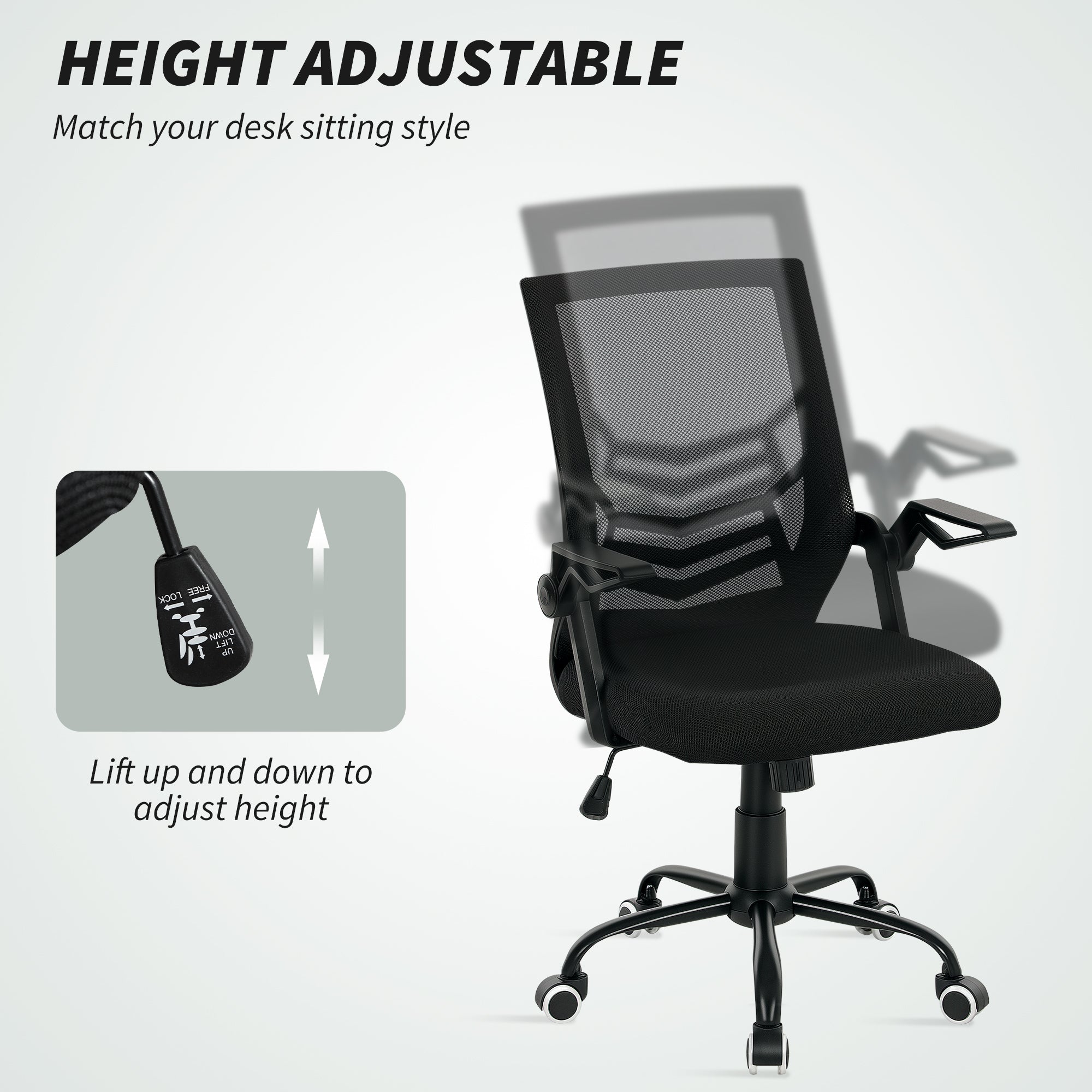 Vinsetto Mesh Office Chair, Computer Desk Chair with Flip-up Armrests, Lumbar Back Support and Swivel Wheels, Black