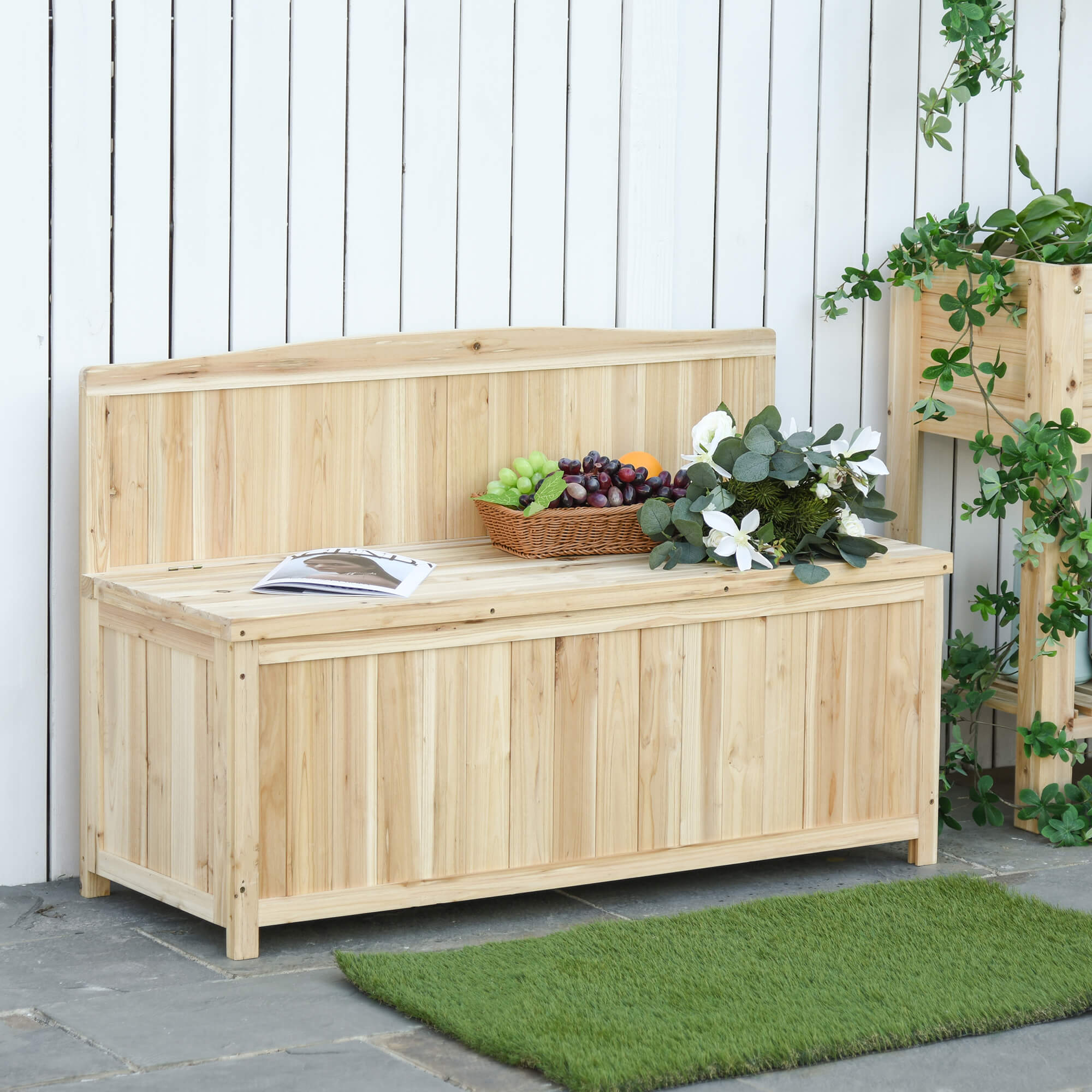 Outsunny Wood Storage Bench for Patio Furniture, Outdoor Garden Seating Tools 