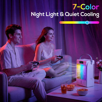 HOMCOM Portable Air Conditioner, 4-in-1 Mini Air Cooler with 4 Wind Speed, 2 Cool Mist, RGB 7 LED Light, White 
