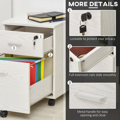 Vinsetto 2-Drawer Locking Office Filing Cabinet w/ 5 Wheels Rolling Storage Hanging Legal Letter Files Cupboard Home Organisation White Wood Grain 