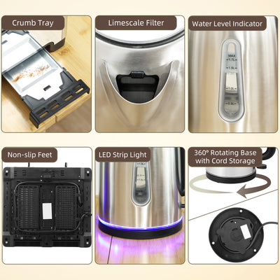 HOMCOM Kettle and Toaster Set, 1.7L 3000W Rapid Boil Jug Kettle with Otter Thermostat, Limescale Filter, 4 Slice Toaster with 7 Browning Controls, Crumb Tray, LED Strip, Silver Tone 
